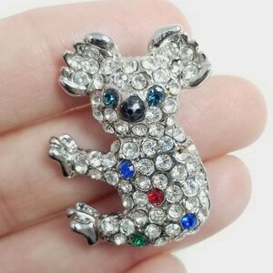 Cute Vintage Rhinestone Koala Bear Brooch, Silver Tone, Encrusted Lapel PIn